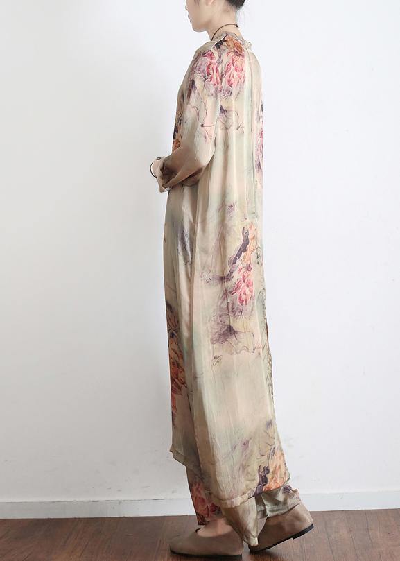 2025 Spring Loose Print Silk Satin Split Long Sleeve Shirt + Wide Leg Pants