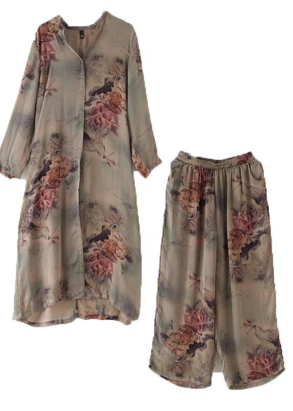 2025 Spring Loose Print Silk Satin Split Long Sleeve Shirt + Wide Leg Pants