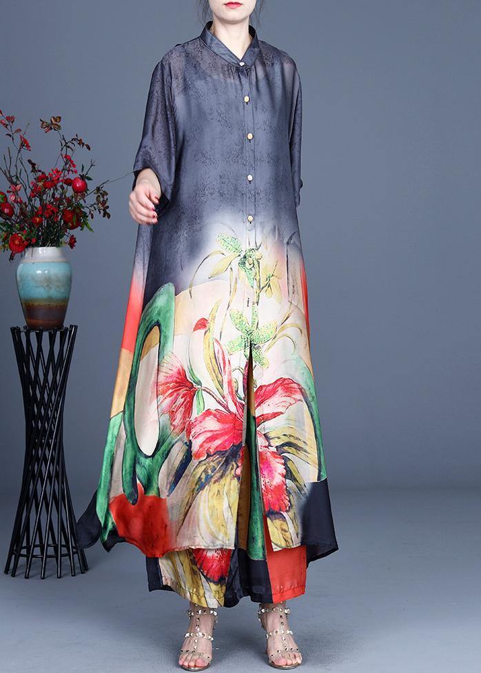 2025 Summer Black Large Loose Print Tencel Long Shirt + Two Piece Wide Leg Pants Set