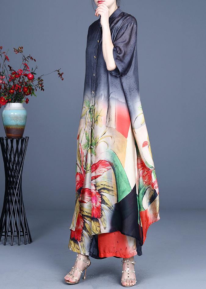 2025 Summer Black Large Loose Print Tencel Long Shirt + Two Piece Wide Leg Pants Set