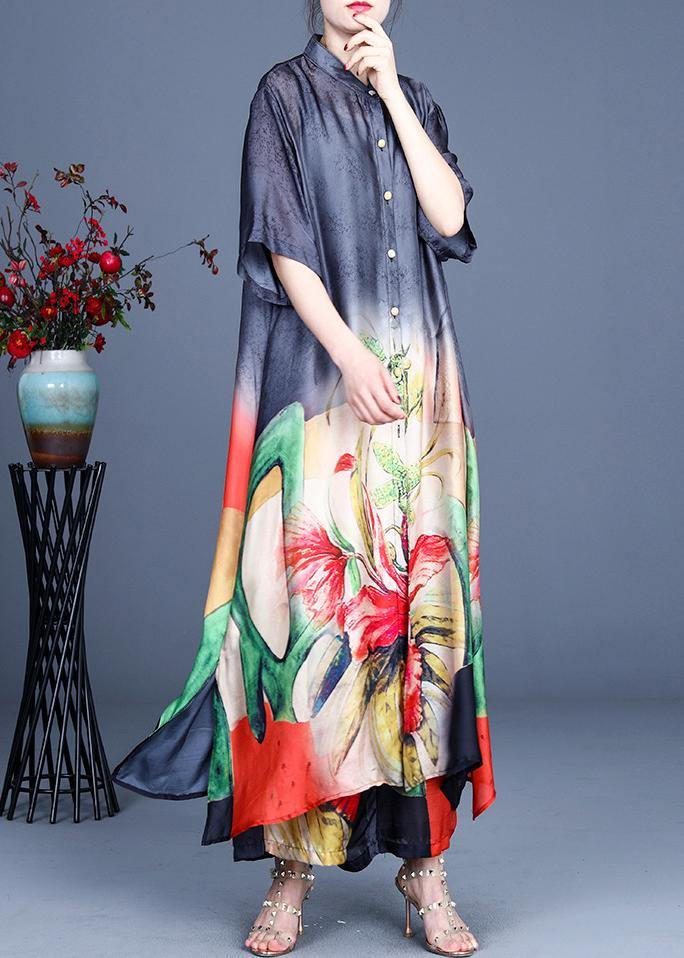 2025 Summer Black Large Loose Print Tencel Long Shirt + Two Piece Wide Leg Pants Set