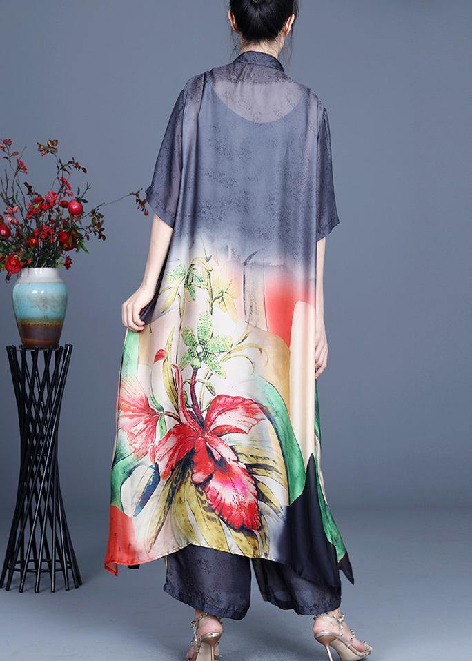 2025 Summer Black Large Loose Print Tencel Long Shirt + Two Piece Wide Leg Pants Set