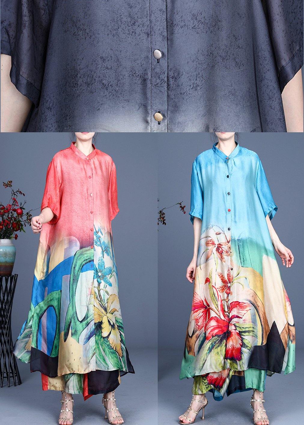 2025 Summer Black Large Loose Print Tencel Long Shirt + Two Piece Wide Leg Pants Set