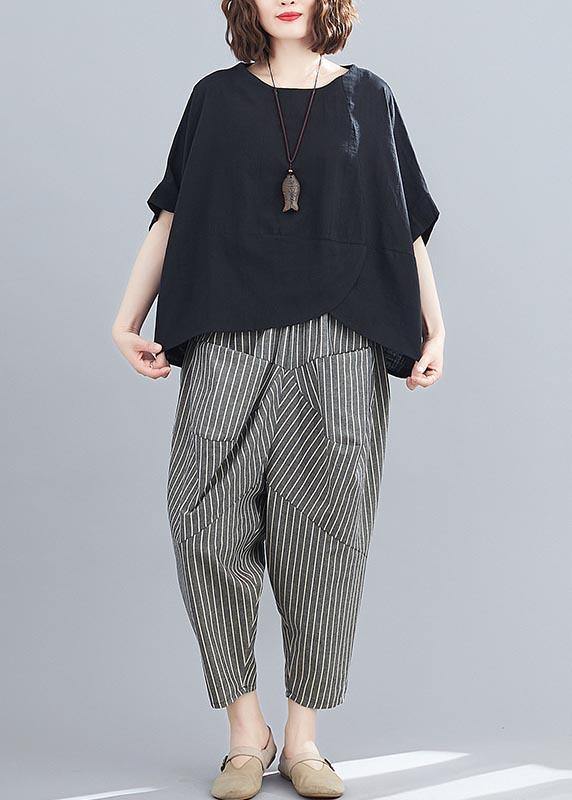 2025 Summer Black Linen Bat Short Sleeve Top + Stripe Nine Point Harlem Pants