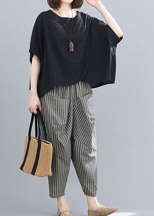 2025 Summer Black Linen Bat Short Sleeve Top + Stripe Nine Point Harlem Pants