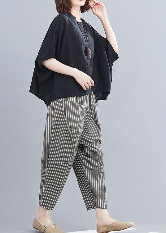 2025 Summer Black Linen Bat Short Sleeve Top + Stripe Nine Point Harlem Pants