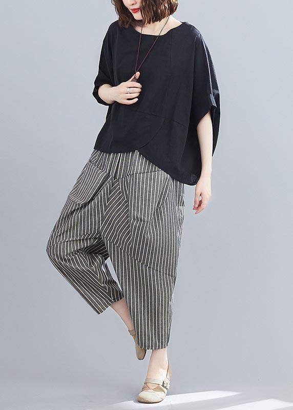 2025 Summer Black Linen Bat Short Sleeve Top + Stripe Nine Point Harlem Pants