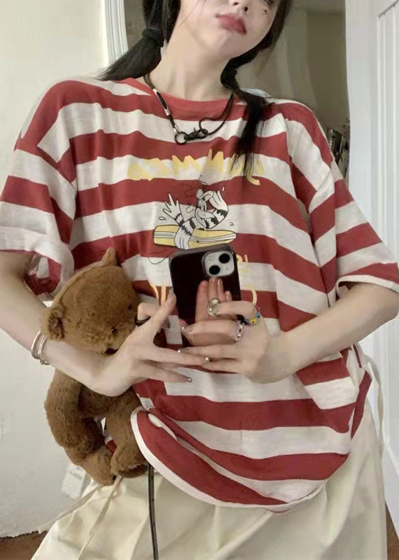 2025 New Women Loose cartoon Striped T-shirt