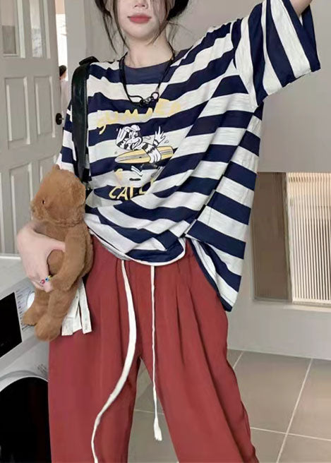 2025 New Women Loose cartoon Striped T-shirt