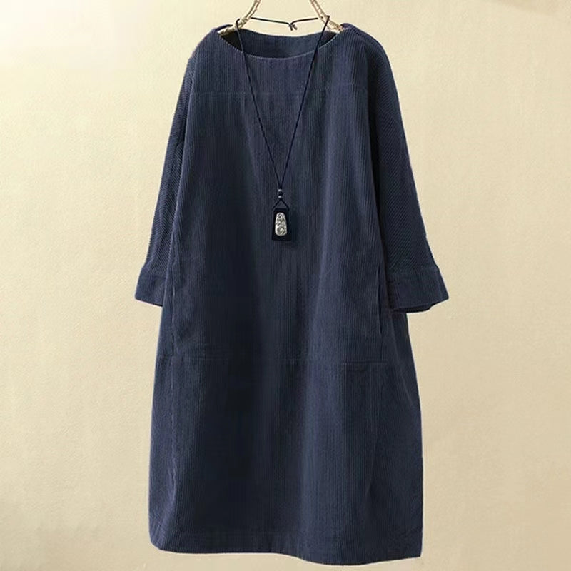 2025 gray long patchwork prink cotton thick dresses oversize o neck linen women warm dress