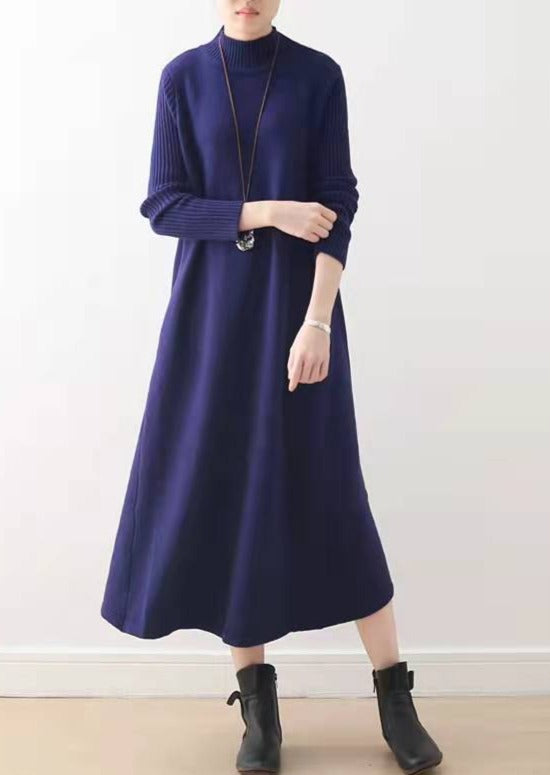 2025 winter Blue long maxi dresses plus size cotton winter dresses warm woolen dress