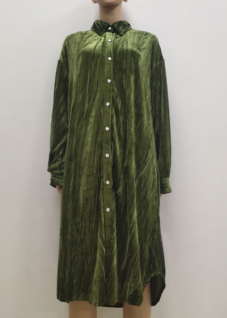 2025 Womens Ins Temperament Skirt Fashion Button Long Seeve Shirt Dress Green