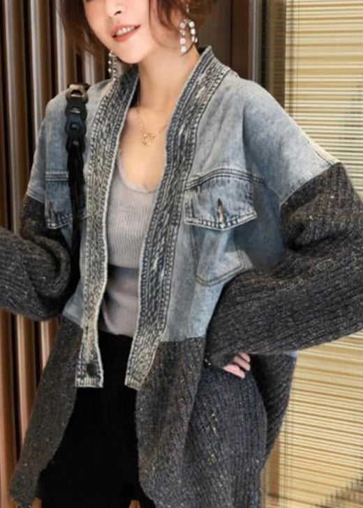 2025 Autumn Winter New Loose Fit Denim Spliced Knitted Cardigan Coat