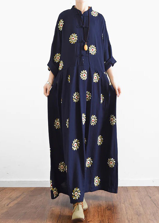 2025 fall Navy embroidered chiffon dresses oversized chiffon gown caftans traveling