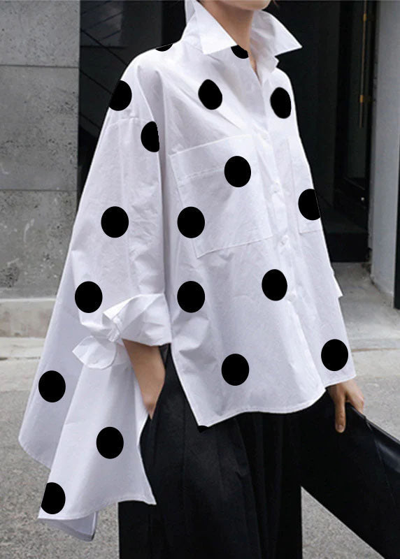 Natural Black Dot  Peter Pan Collar Low High Design Button Pockets Cotton Shirts Long Sleeve