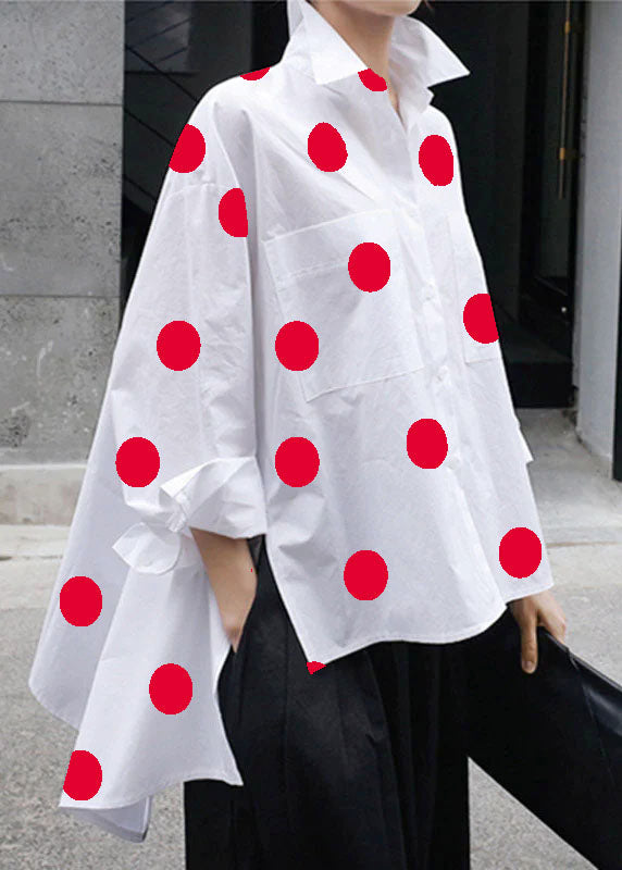 Natural Red  Dot  Peter Pan Collar Low High Design Button Pockets Cotton Shirts Long Sleeve