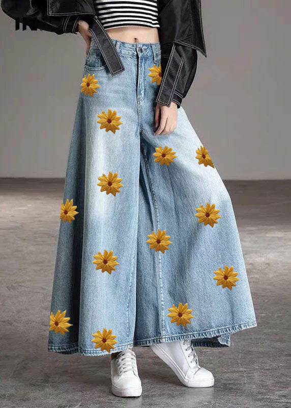 DIY Light Blue fashion Pockets Casual Wide Leg Fall Denim Pants