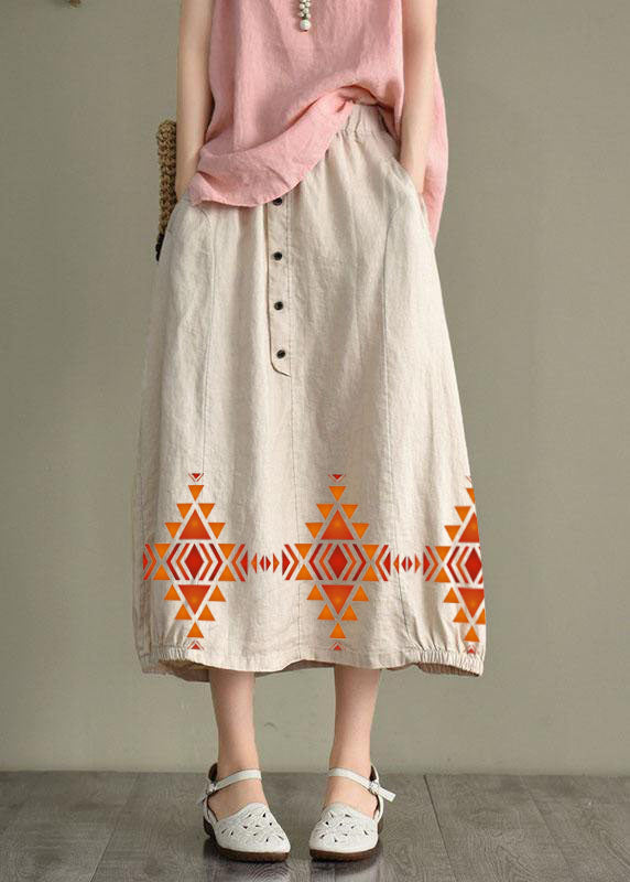 Women Khaki Linen Elastic Waist Button Skirt