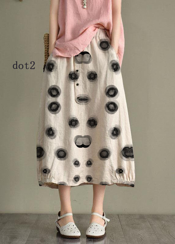 Women Beige-black dot Linen Elastic Waist Button Skirt