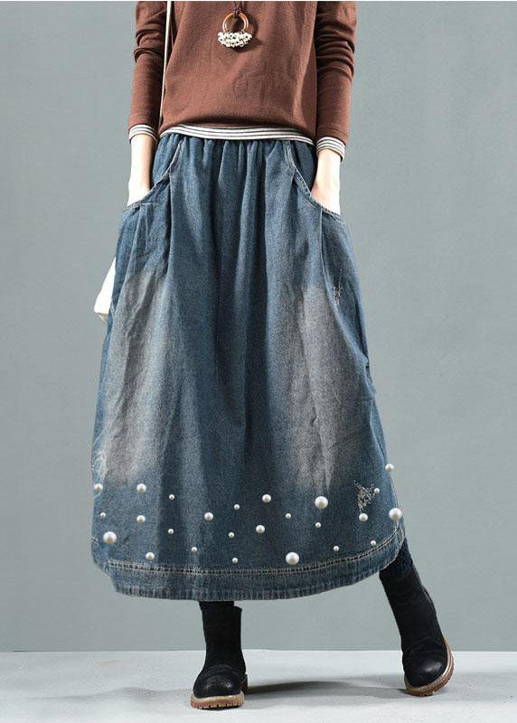 Blue-white flower Pockets Retro Patchwork Summer Skirts Denim