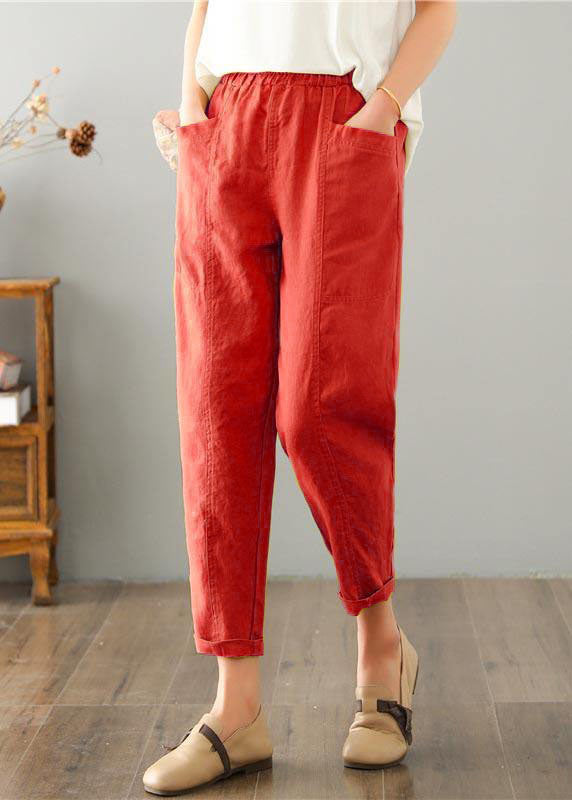 Natural brown-red geometry Pockets Cotton Linen  Pants Summer