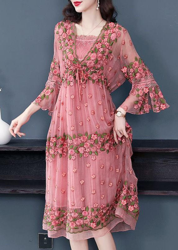 Beautiful Pink Embroideried Lace Up Silk Robe Dresses Flare Sleeve