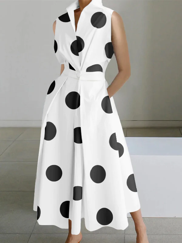 2025 White-big dots Peter Pan Collar Pockets Cotton Dress Long Sleeve