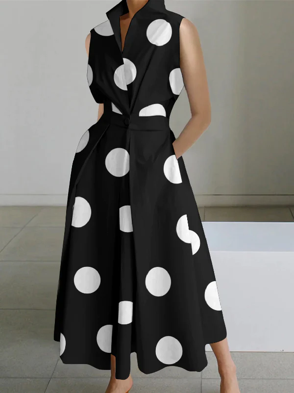 2025 Black-big dots Peter Pan Collar Pockets Cotton Dress Long Sleeve