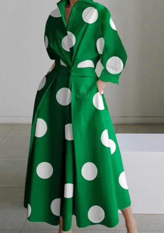 2025 Green dot Peter Pan Collar Pockets Cotton Dress Long Sleeve