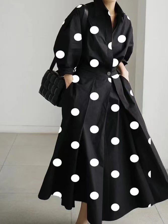 2025 Black dot Peter Pan Collar Pockets Cotton Dress Long Sleeve