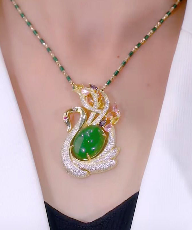 2025 Green Sterling Silver Overgild Jade Cat's Eye Stone Swan Zircon Bamboo Joints Pendant Necklace