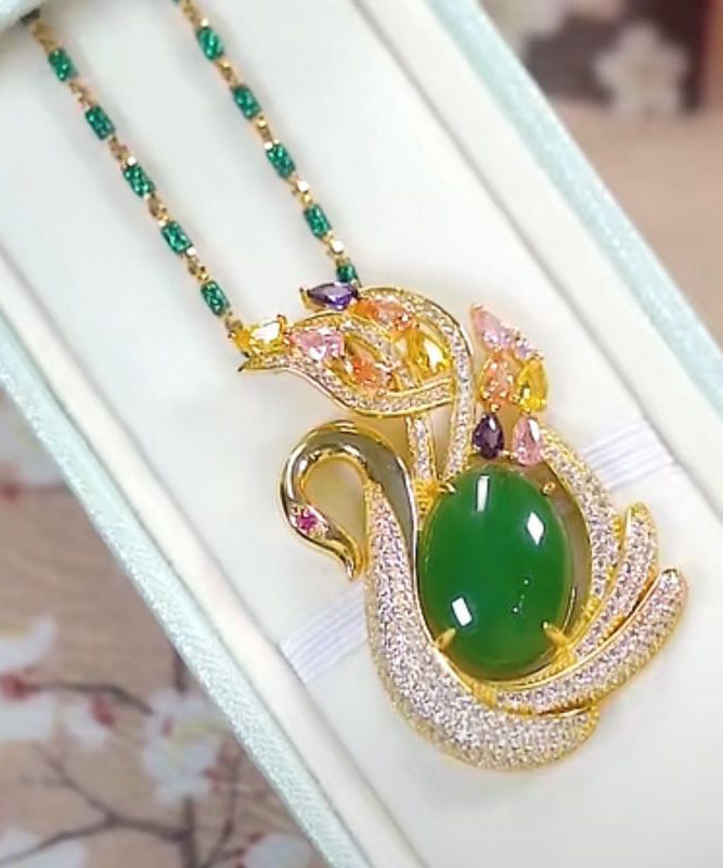 2025 Green Sterling Silver Overgild Jade Cat's Eye Stone Swan Zircon Bamboo Joints Pendant Necklace