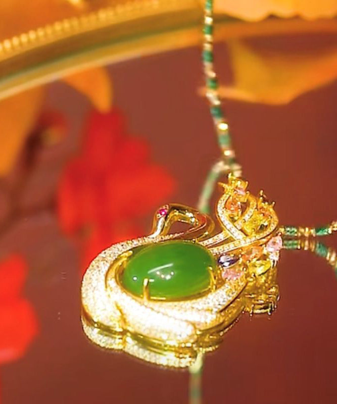 2025 Green Sterling Silver Overgild Jade Cat's Eye Stone Swan Zircon Bamboo Joints Pendant Necklace