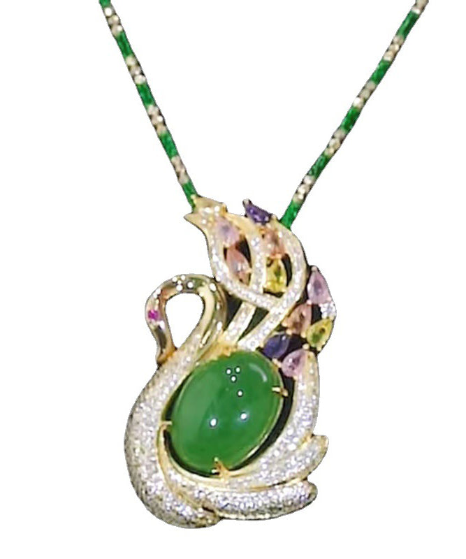 2025 Green Sterling Silver Overgild Jade Cat's Eye Stone Swan Zircon Bamboo Joints Pendant Necklace