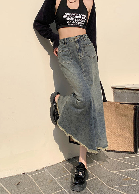 2025 New Blue High Waist Fishtail Denim Skirt