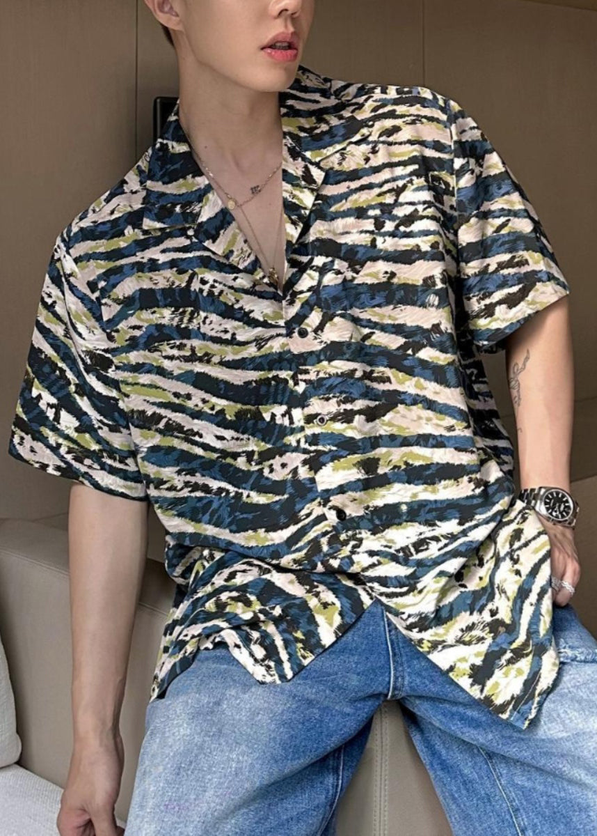 2025 Summer Loose Cuban Collar Printed Leopard Short Sleeved Mens Shirt