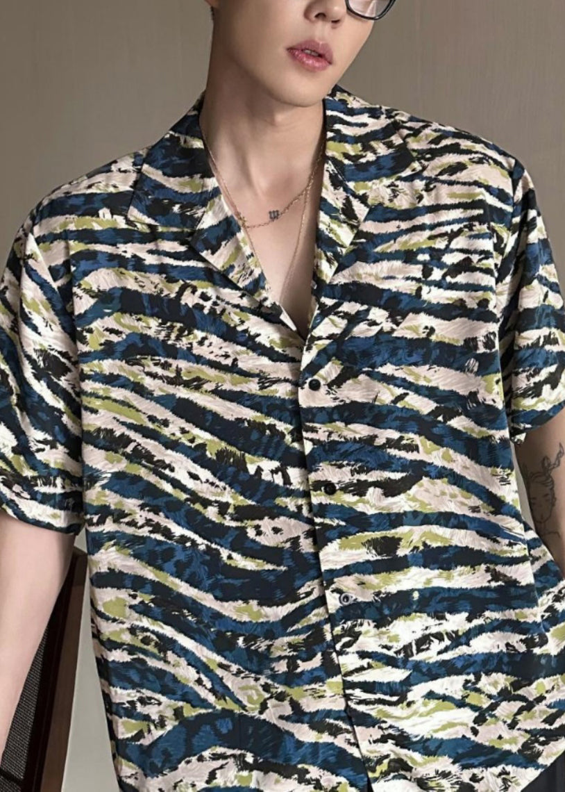 2025 Summer Loose Cuban Collar Printed Leopard Short Sleeved Mens Shirt