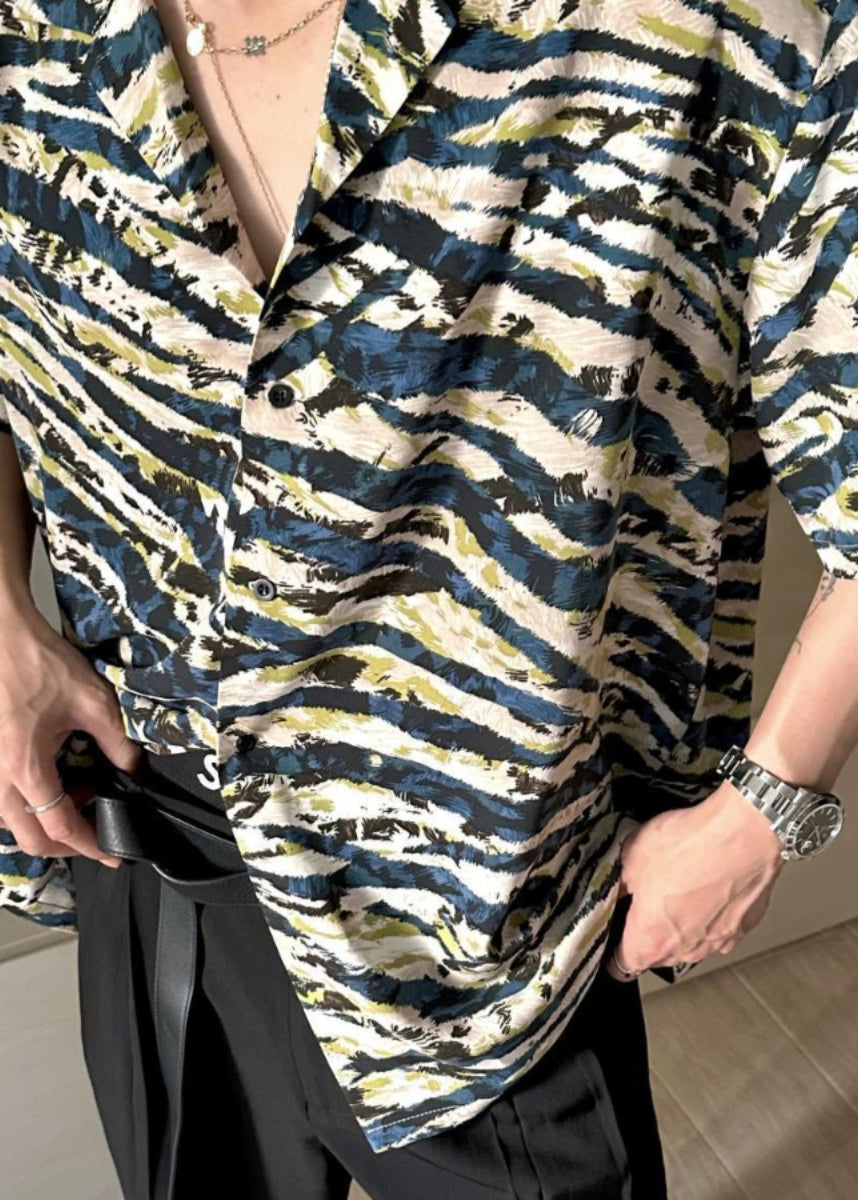 2025 Summer Loose Cuban Collar Printed Leopard Short Sleeved Mens Shirt