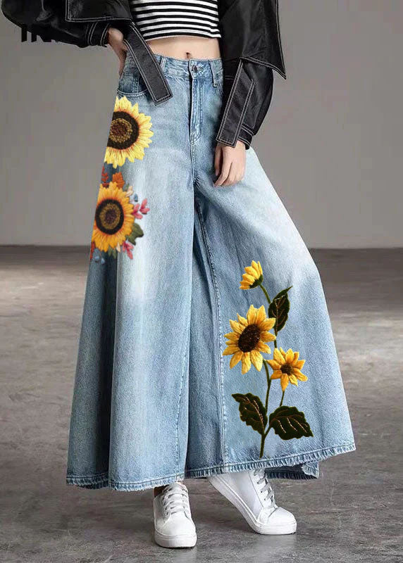 DIY Light Blue fashion Pockets Casual Wide Leg Fall Denim Pants