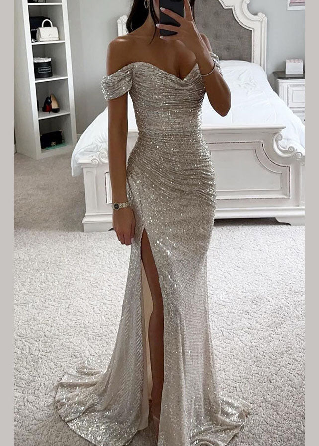 2025 New Champagne Slash Neck Side Open Sequins Party Dress