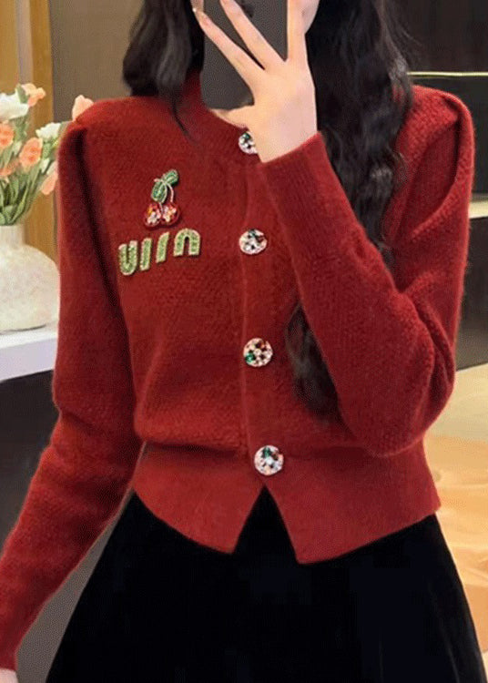 2025 New Red O Neck Button Knit Cardigan Spring