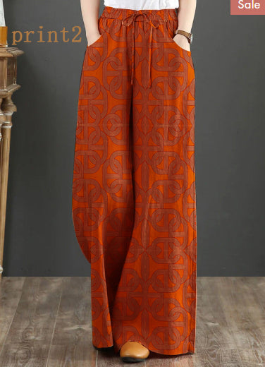 Orange-print1 Elastic Waist Linen Straight Pants Solid Color Drawstring Summer