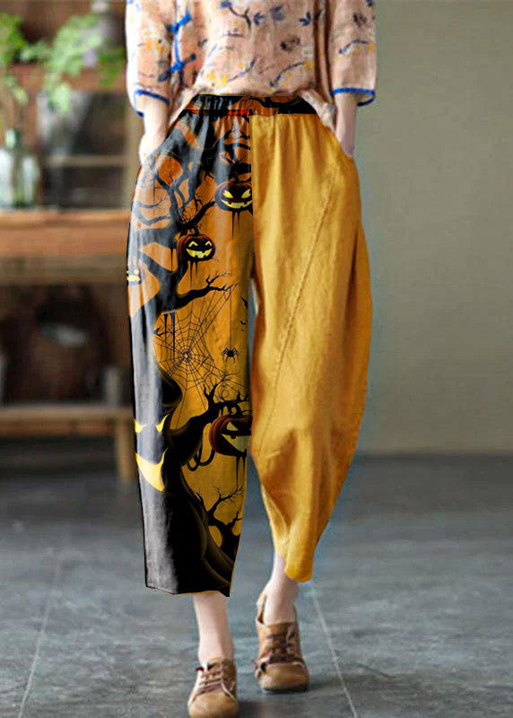 Natural Black print Elastic Waist Summer Linen Harem Pants