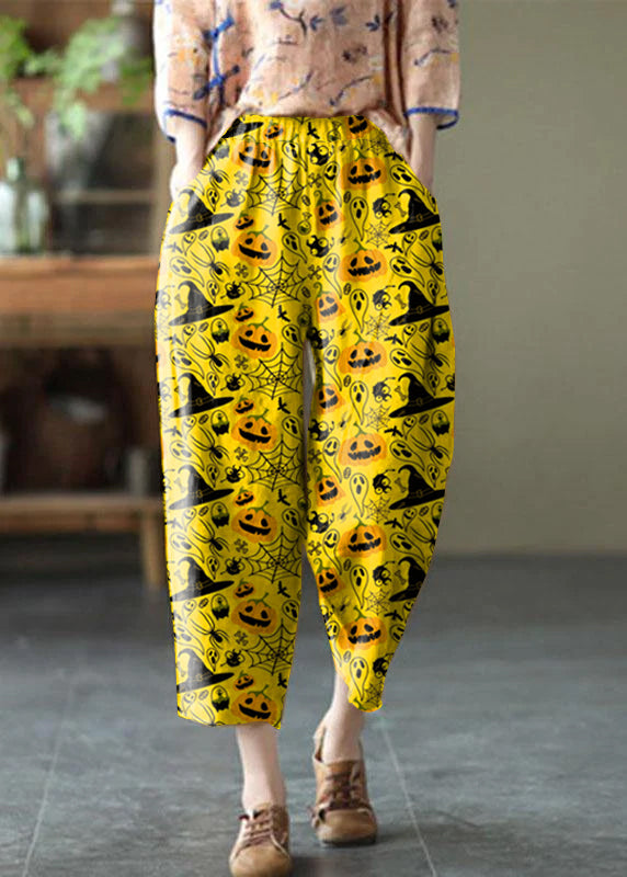 Natural Checkered Pumpkin Elastic Waist Summer Linen Harem Pants