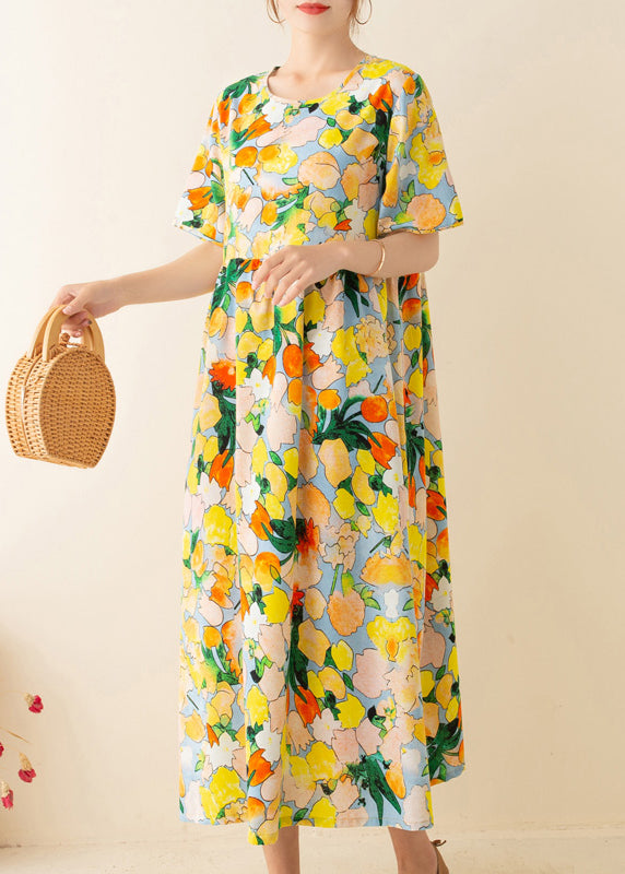 Italian Yellow Print Tunics O Neck Patchwork Loose Summer Dresses