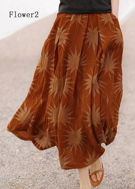 Retro Chocolate-Flower4 Print Pockets Linen Skirt Summer