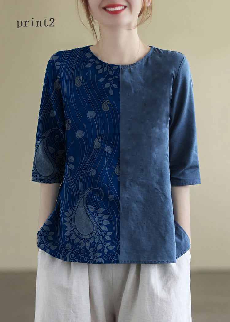 French Print5 O-Neck Embroideried Cotton Blouses Half Sleeve