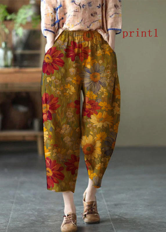 Natural Brown-red flower Elastic Waist Summer Linen Harem Pants