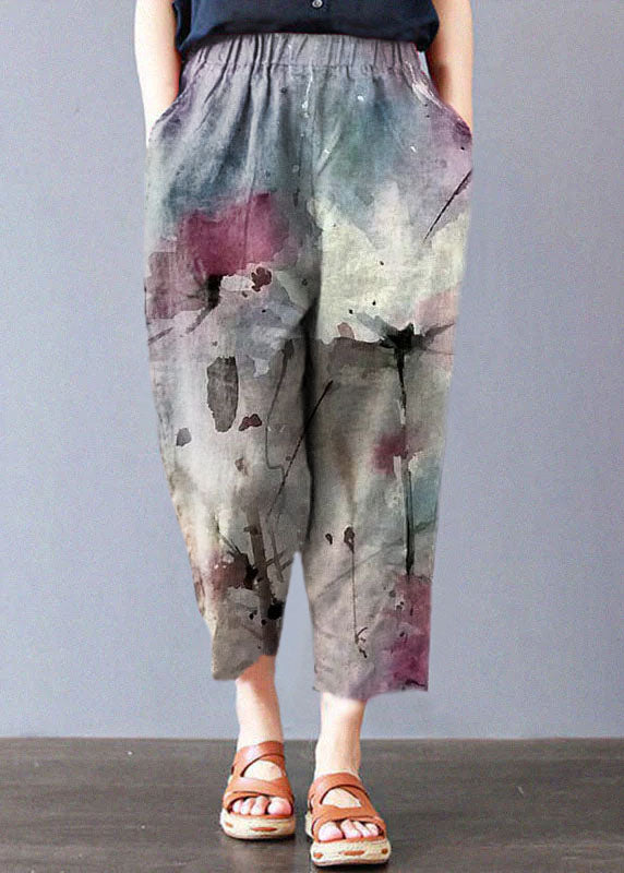 Italian Grey Flowers Embroidered Pockets Linen Straight Pants Spring