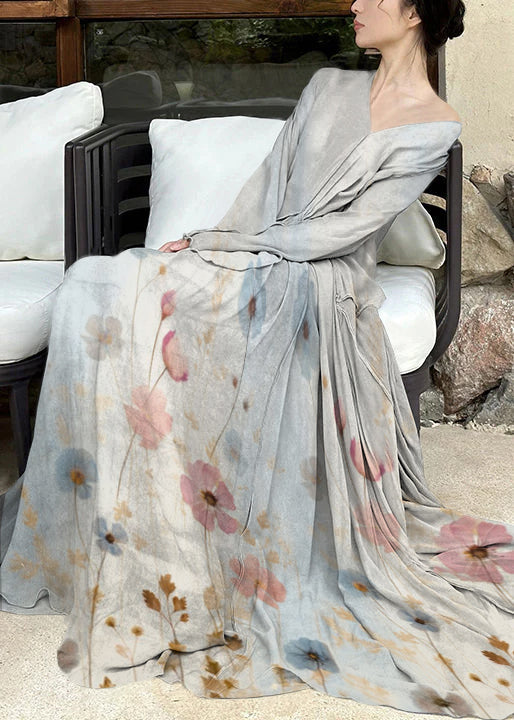 Art Gray flowers V Neck Wrinkled Cotton Maxi Dresses Long Sleeve